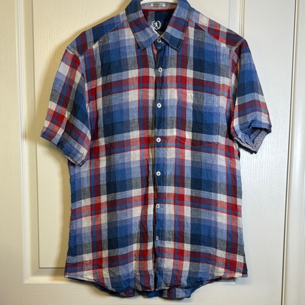 Bugatchi Blue Red Patriotic Button Down Short Sleeve Shirt Size Med EUC #2589